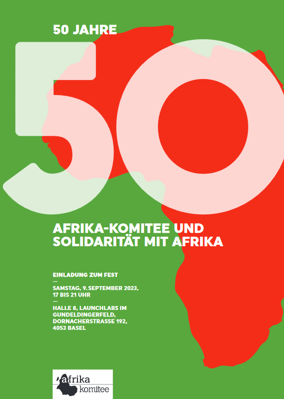 flyer für das 50 jahre jubiläum vom afrika komitee basel mit fepa, veranstaltungen