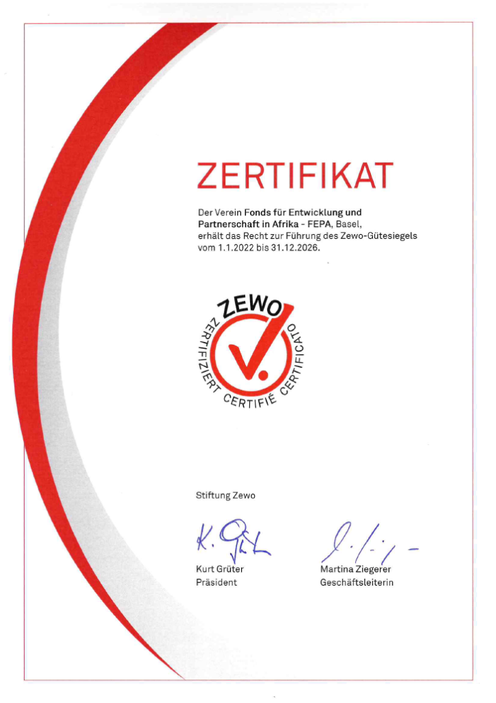Zewo Zertifikat für fepa von 2022 bis 2026